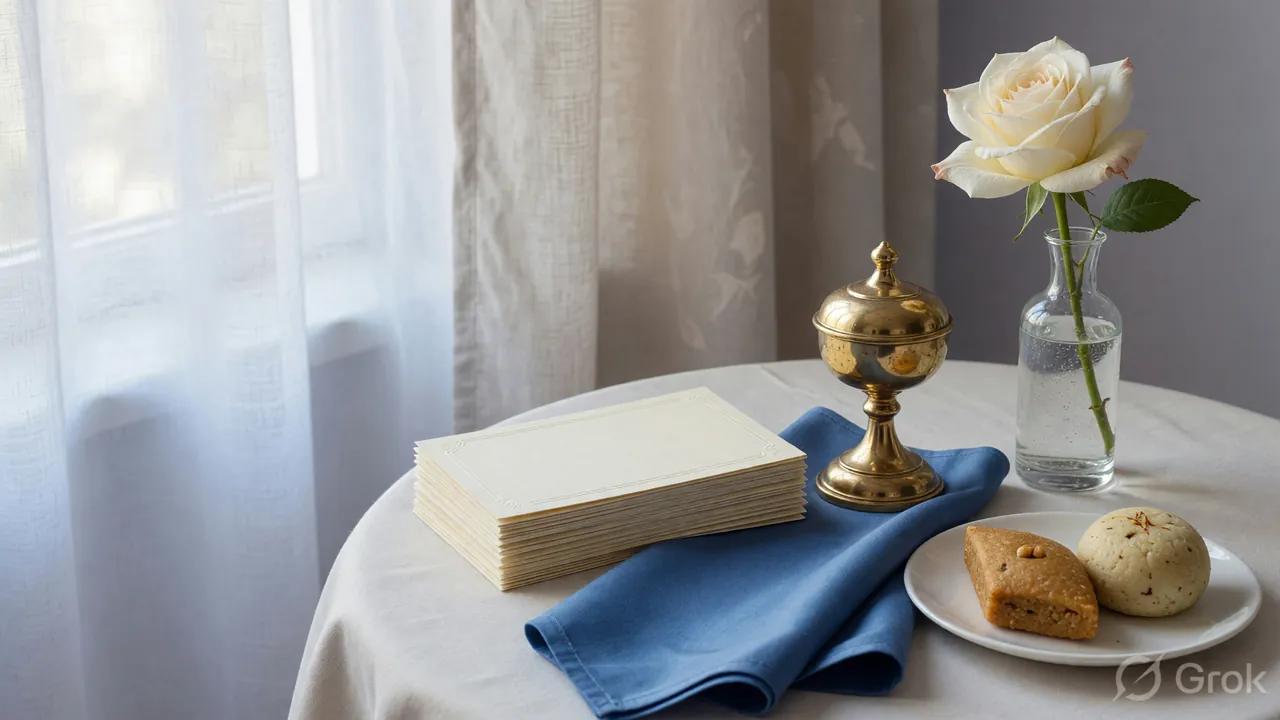 Editorial photograph of a celebration table with welcome vouchers, brass lamp, cobalt silk napkin and ivory rose