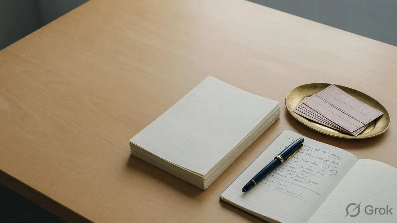 Editorial photograph of a wooden table with printed promotional flyers, brass plate and open notebook
