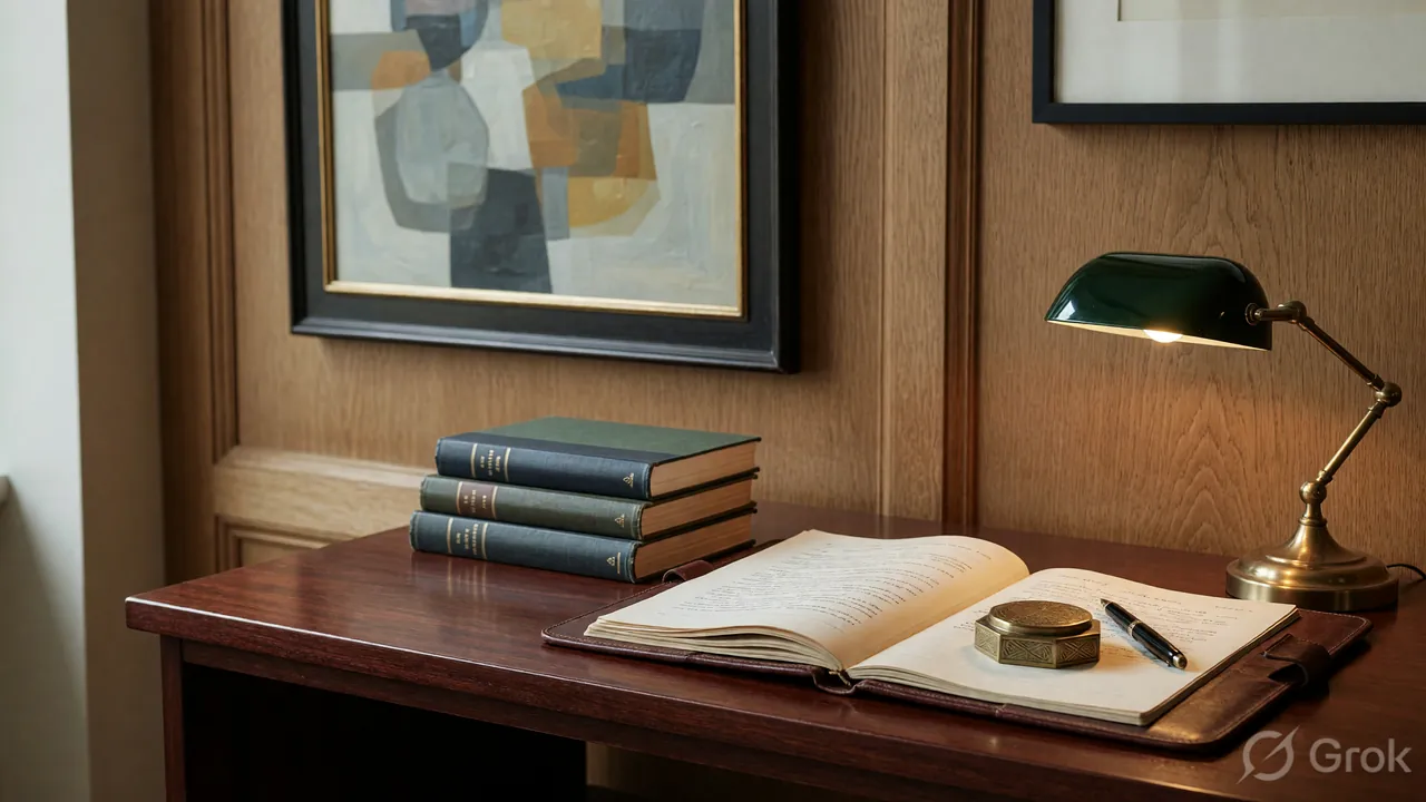 Editorial photograph of a polished mahogany shelf with legal casebooks, leather folder and reading lamp