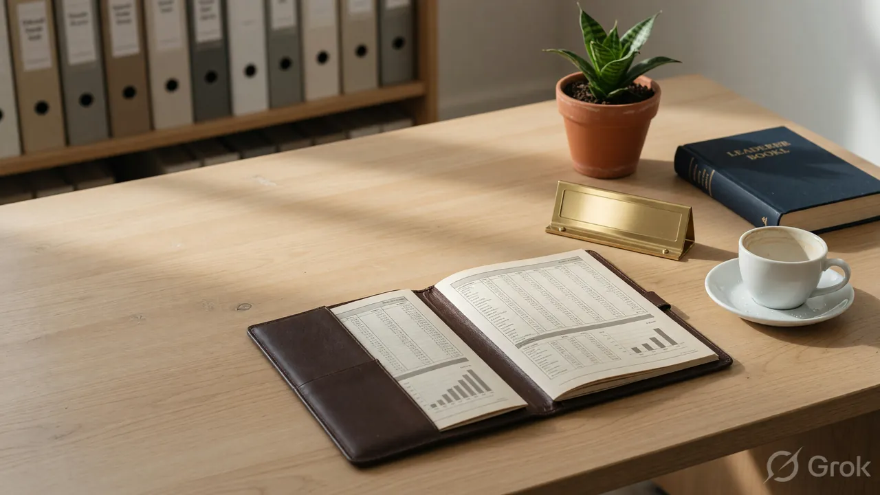Editorial photograph of a tidy executive desk with leather portfolio, brass name-plate holder and indoor plant