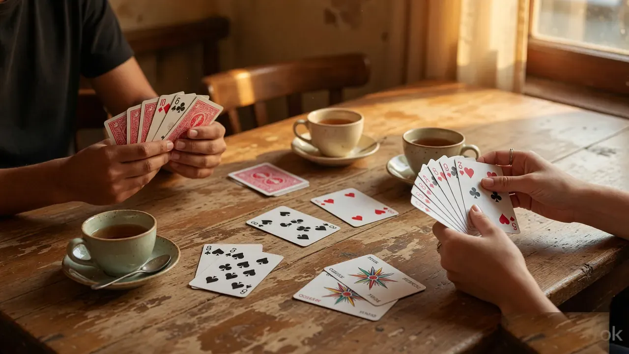 Editorial photograph of two friends playing rummy at a small wooden cafe table in afternoon sunlight