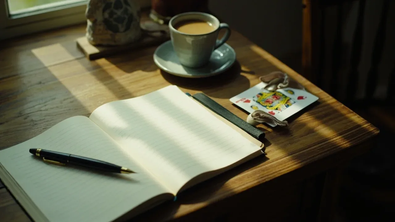Open lined notebook with a fountain pen and a single king of hearts playing card tucked beside the page
